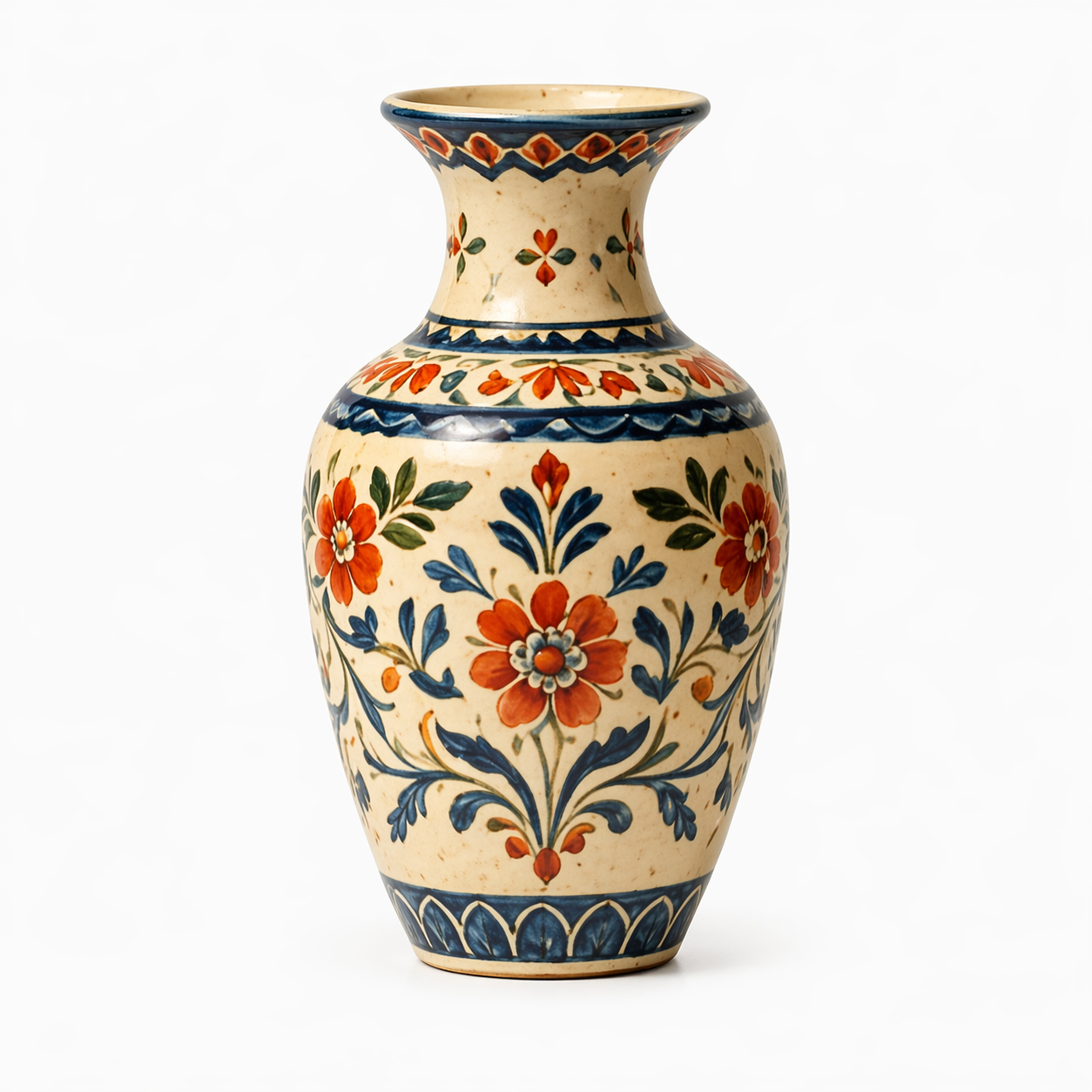Mediterranean Hand-Painted Floral Folk Art Ceramic Vase