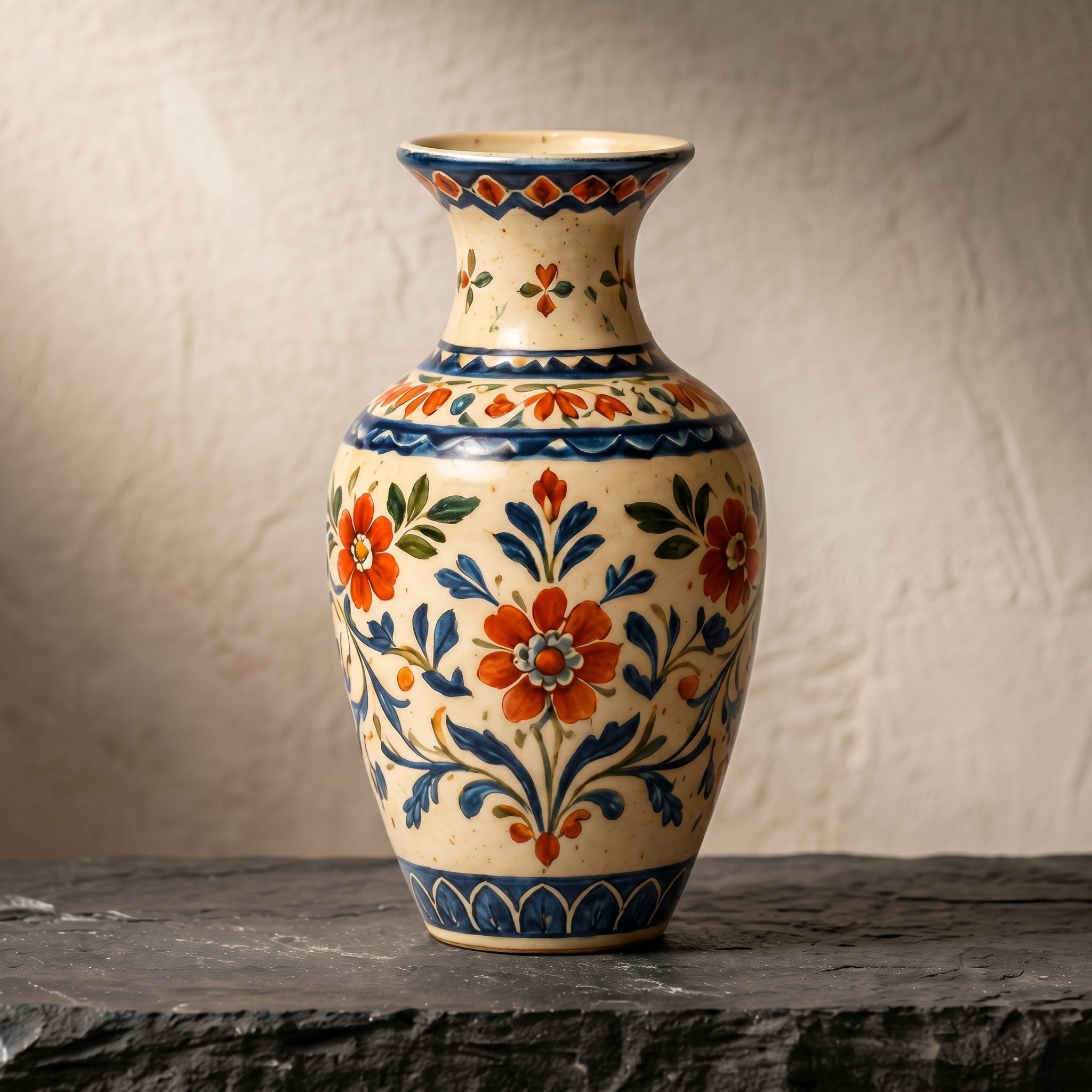 Mediterranean Hand-Painted Floral Folk Art Ceramic Vase