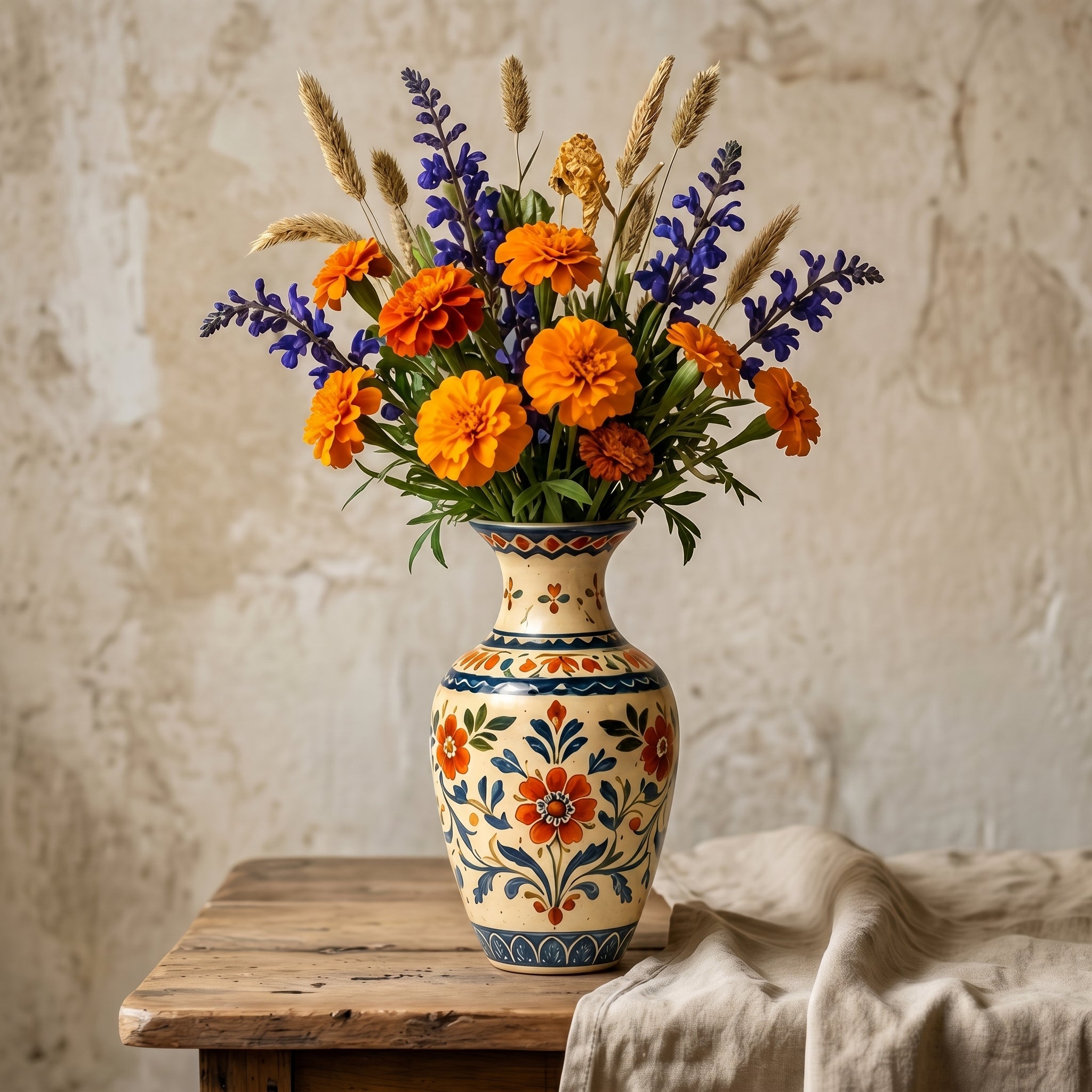 Mediterranean Hand-Painted Floral Folk Art Ceramic Vase