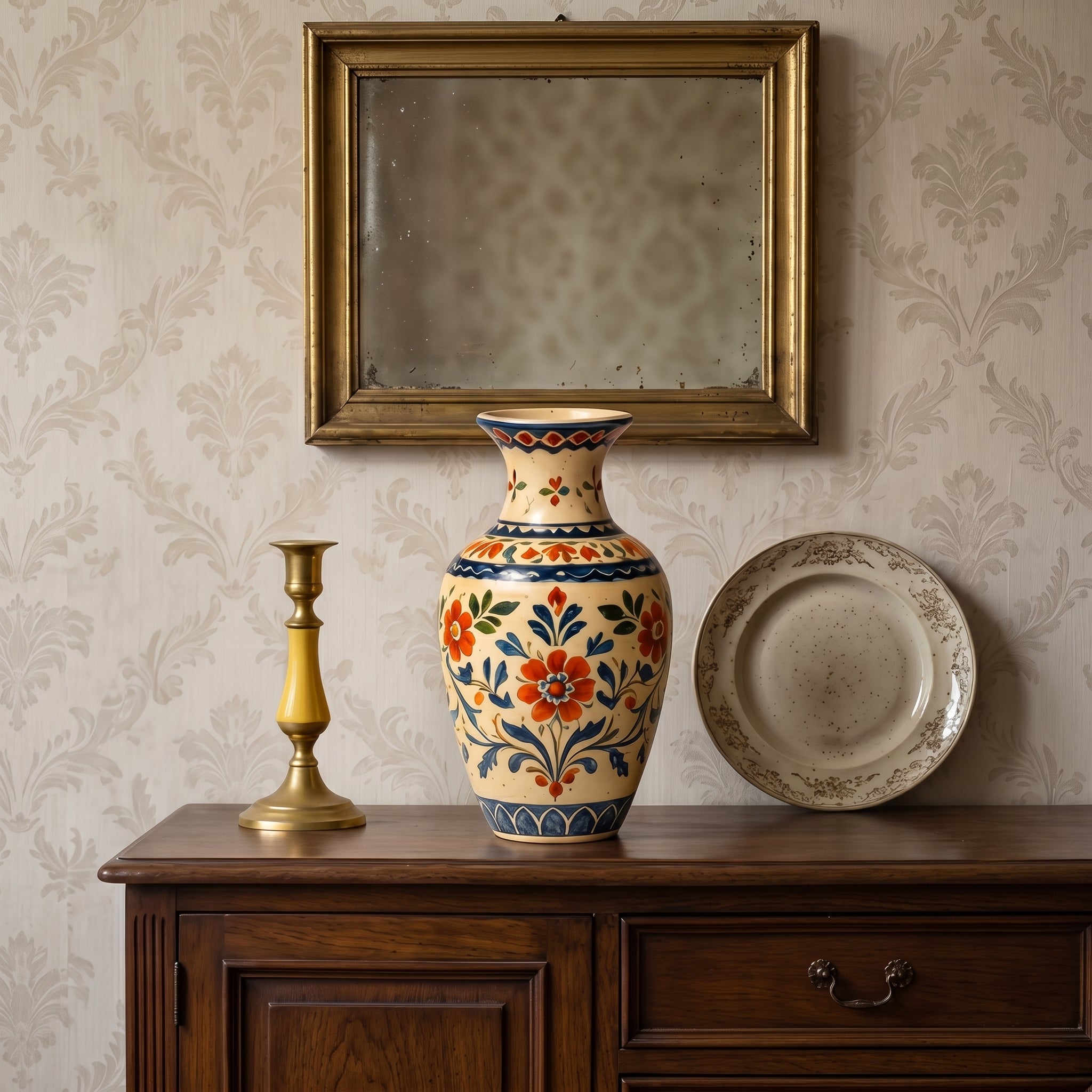 Mediterranean Hand-Painted Floral Folk Art Ceramic Vase