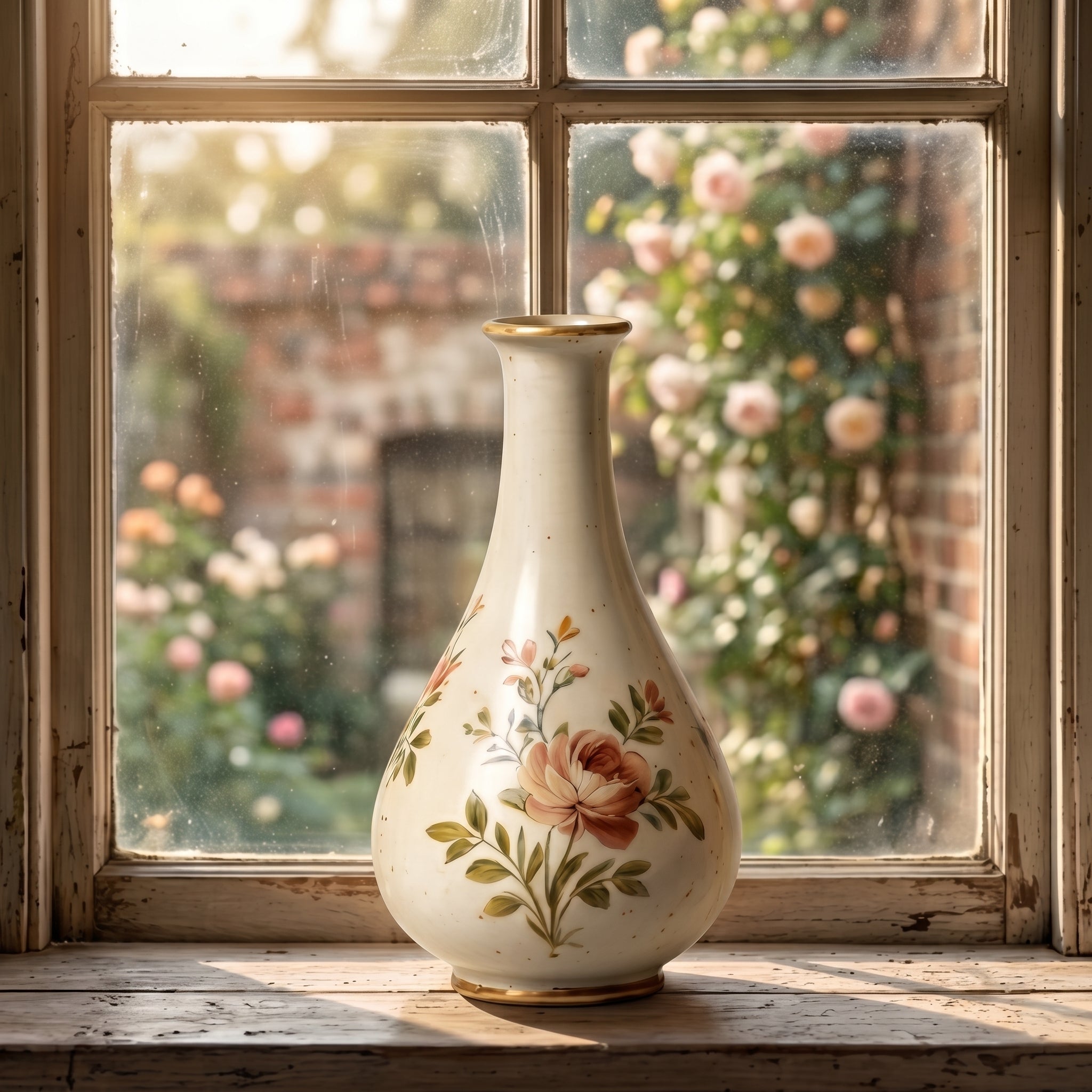 Elegant Vintage Hand-Painted Blush Rose Ceramic Teardrop Vase