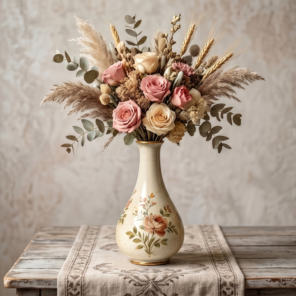 Elegant Vintage Hand-Painted Blush Rose Ceramic Teardrop Vase