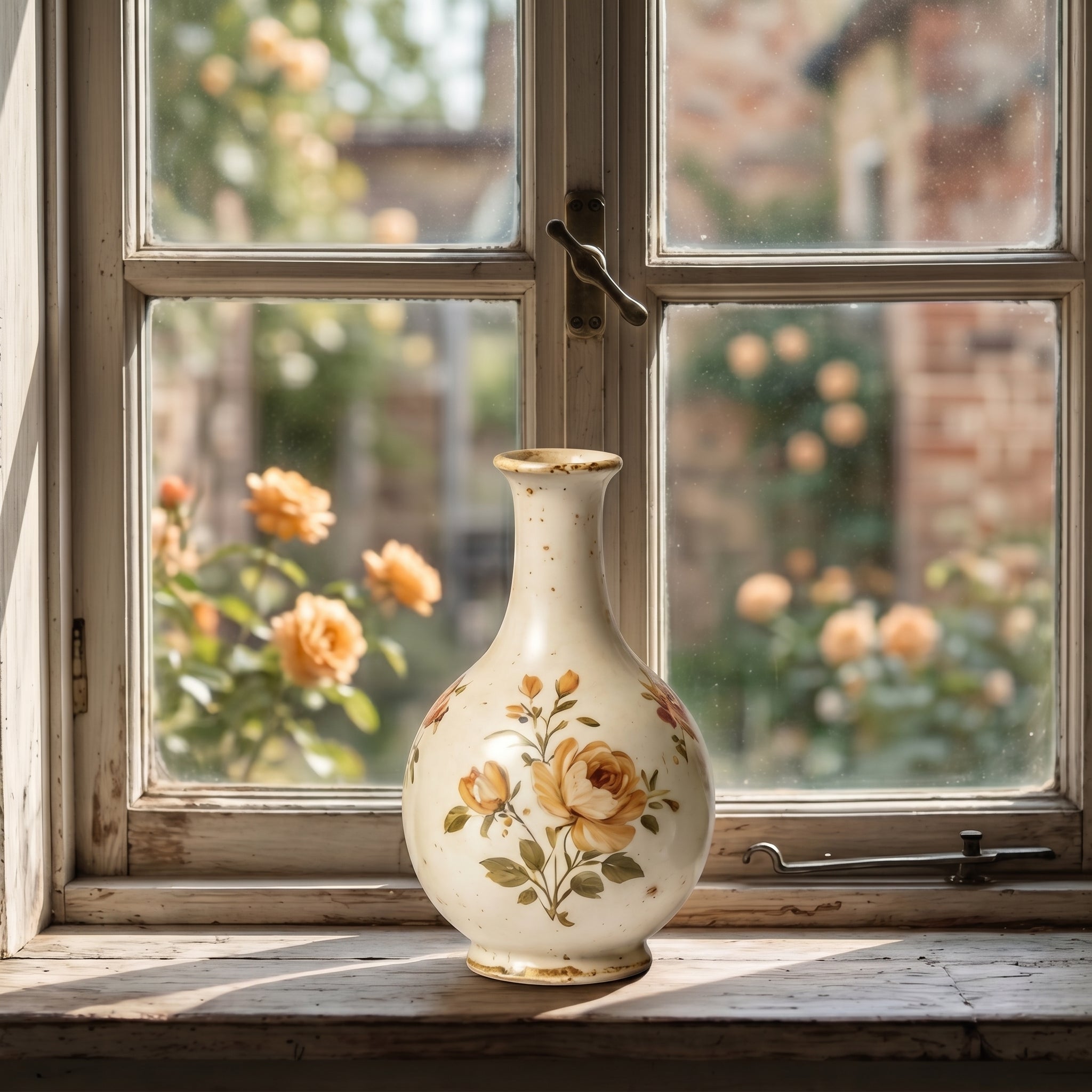 Vintage Rustic Golden Rose Hand-Painted Ceramic Vase