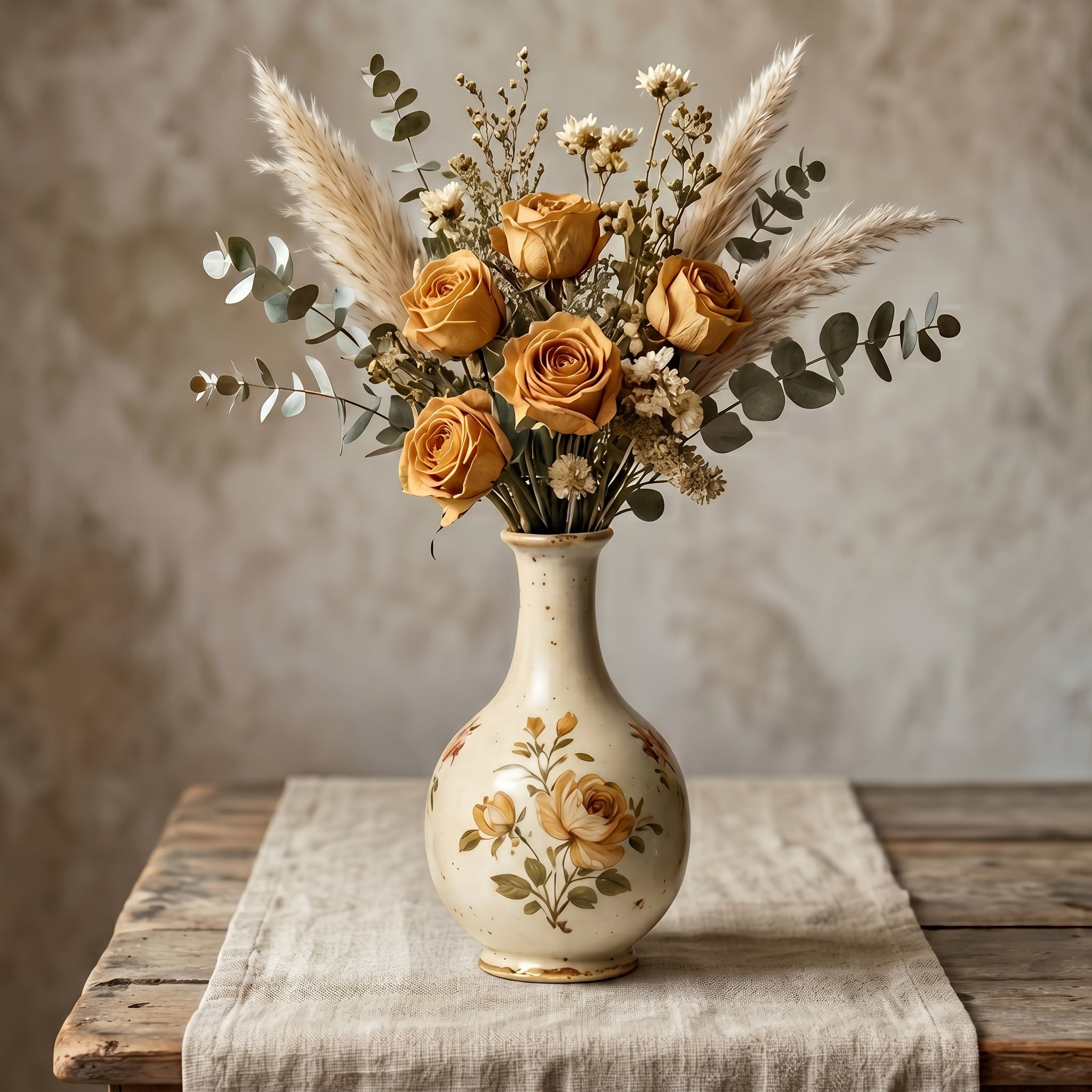 Vintage Rustic Golden Rose Hand-Painted Ceramic Vase