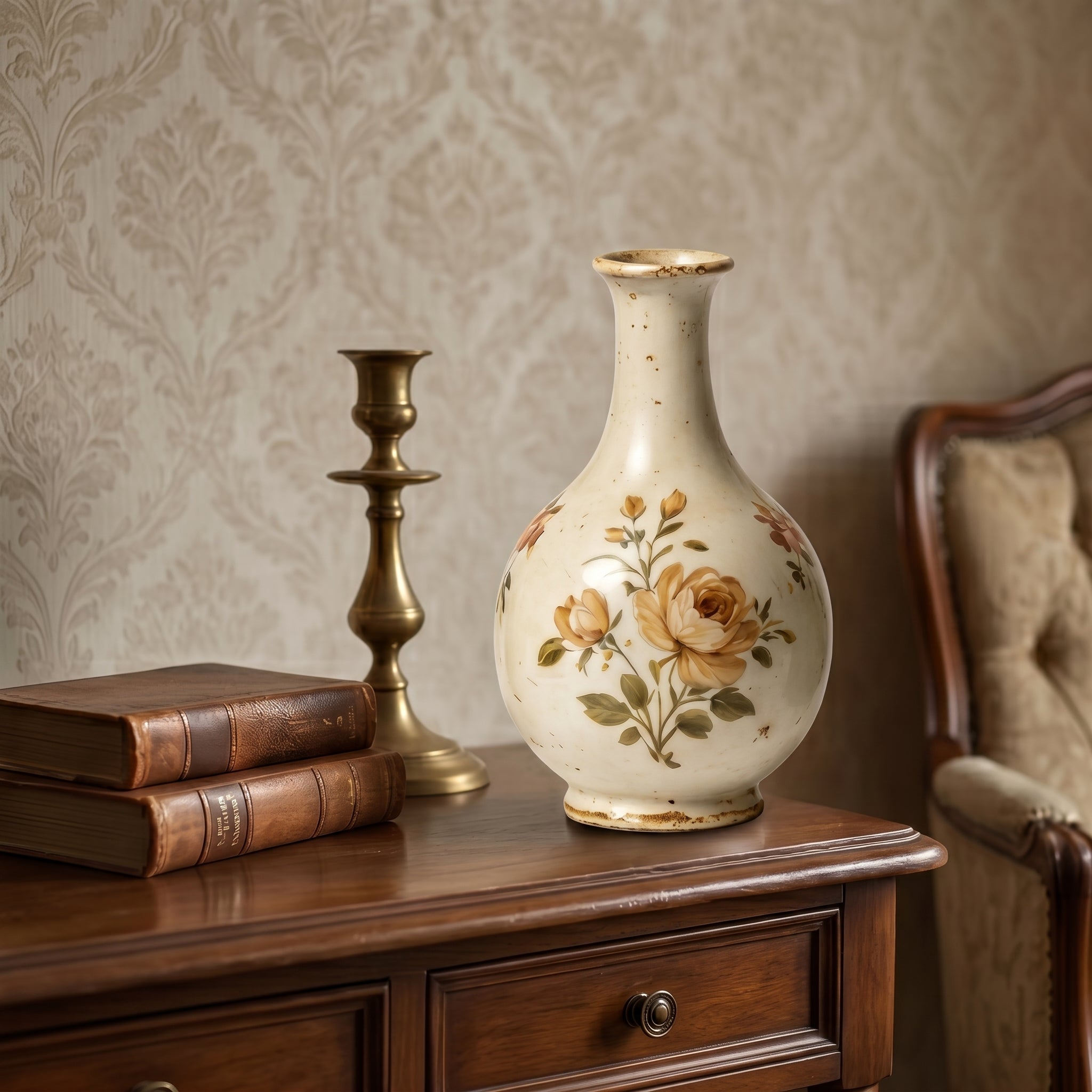 Vintage Rustic Golden Rose Hand-Painted Ceramic Vase