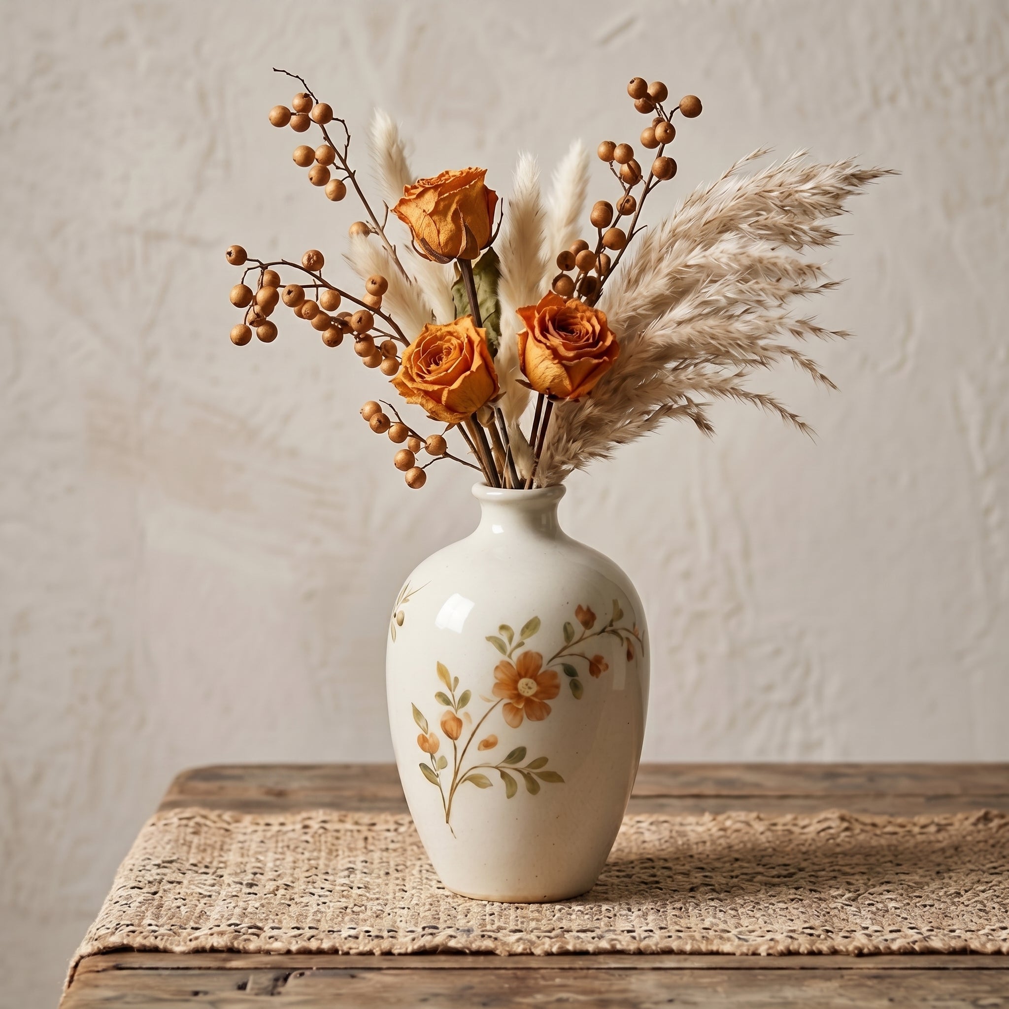 Elegant Vintage Hand-Painted Apricot Floral Ceramic Vase