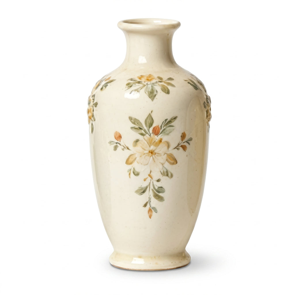 Elegant Vintage Hand-Painted Ochre Floral Cream Ceramic Vase