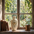 Elegant Vintage Hand-Painted Ochre Floral Cream Ceramic Vase
