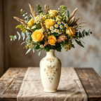 Elegant Vintage Hand-Painted Ochre Floral Cream Ceramic Vase