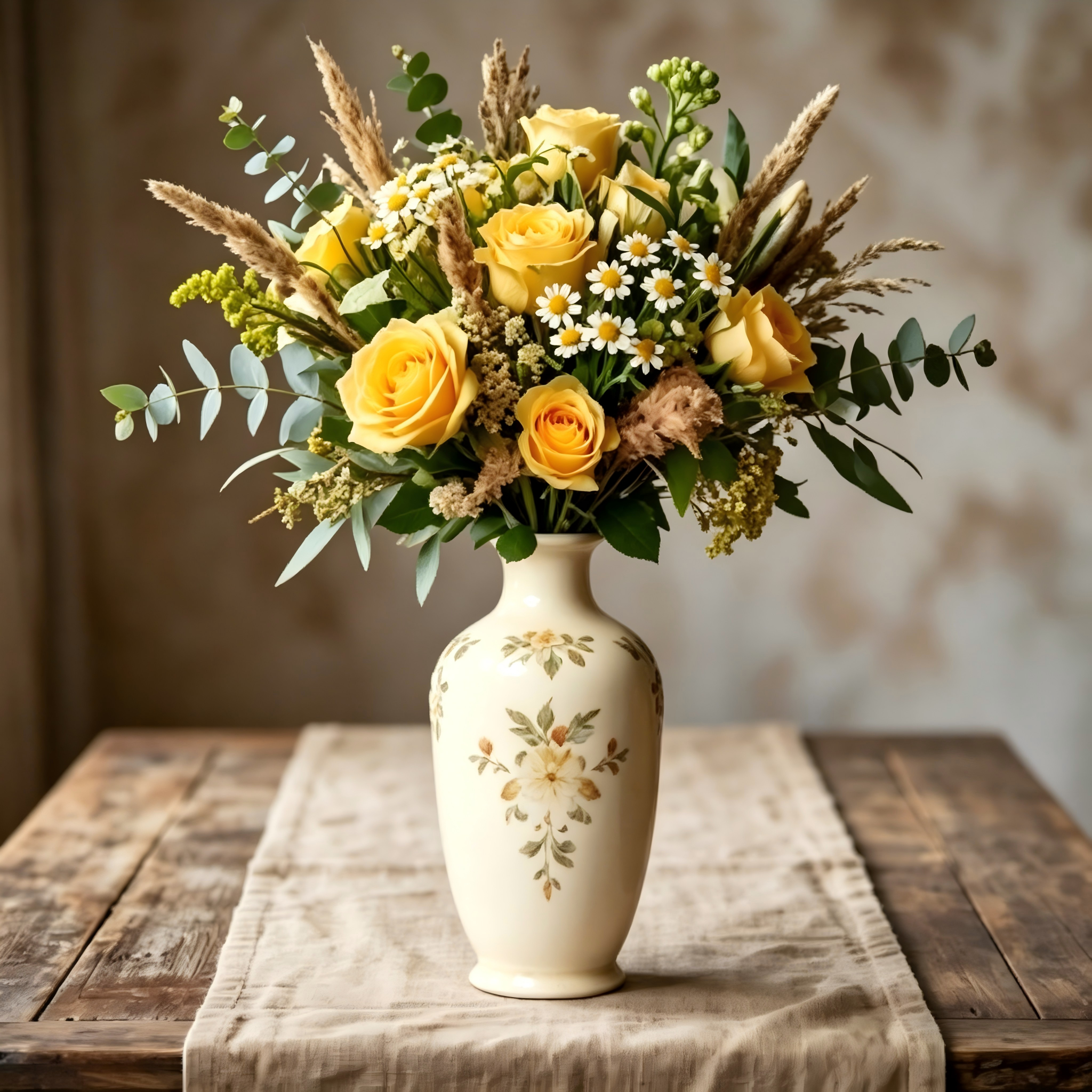 Elegant Vintage Hand-Painted Ochre Floral Cream Ceramic Vase
