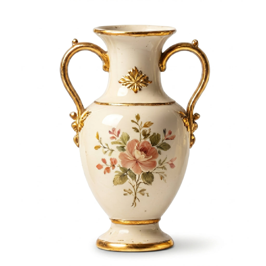 Opulent Neoclassical Gilded Twin-Handle Floral Ceramic Vase