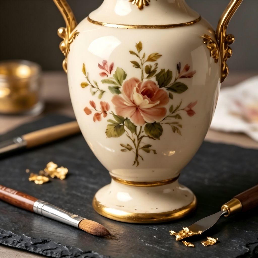 Opulent Neoclassical Gilded Twin-Handle Floral Ceramic Vase
