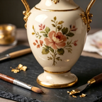 Opulent Neoclassical Gilded Twin-Handle Floral Ceramic Vase
