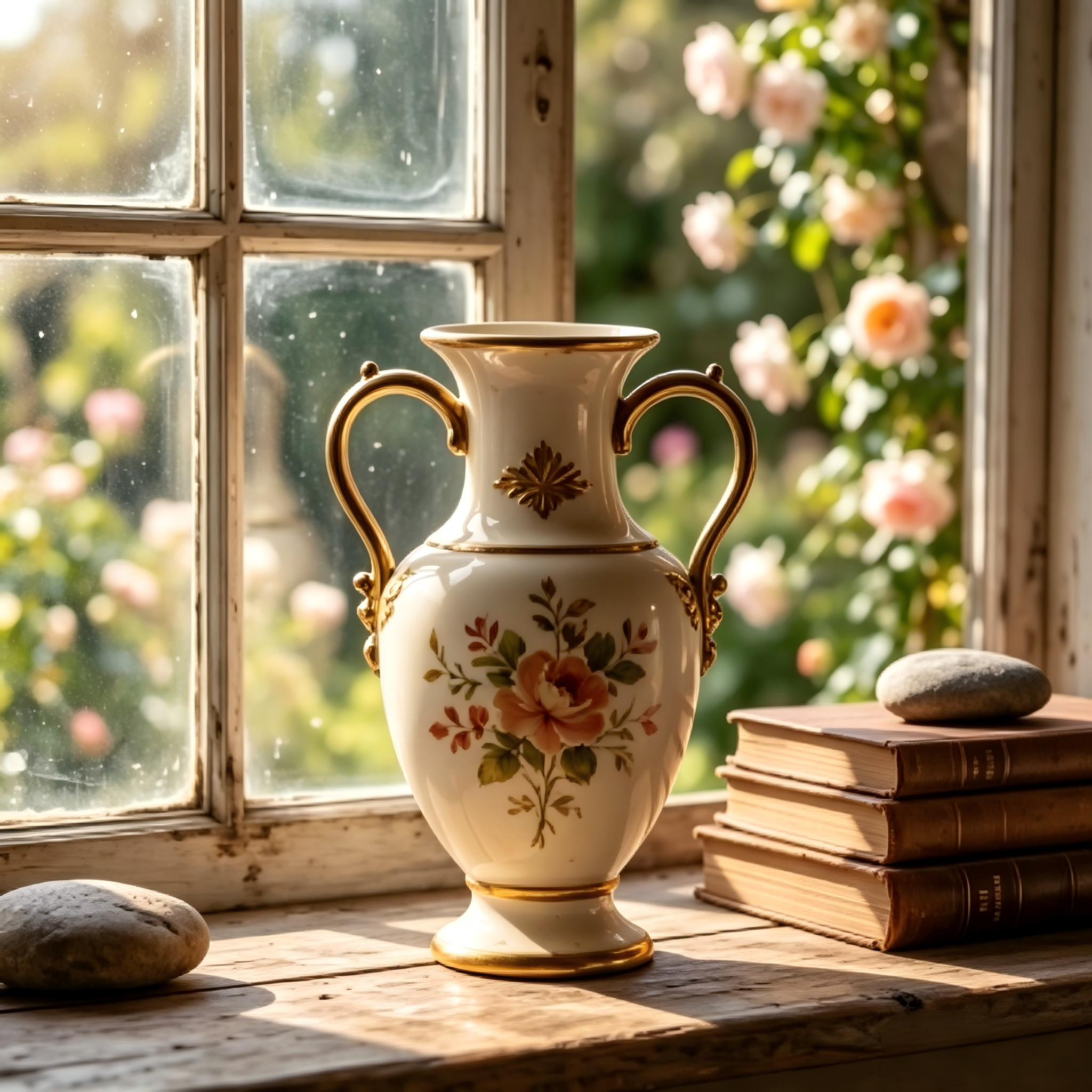 Opulent Neoclassical Gilded Twin-Handle Floral Ceramic Vase