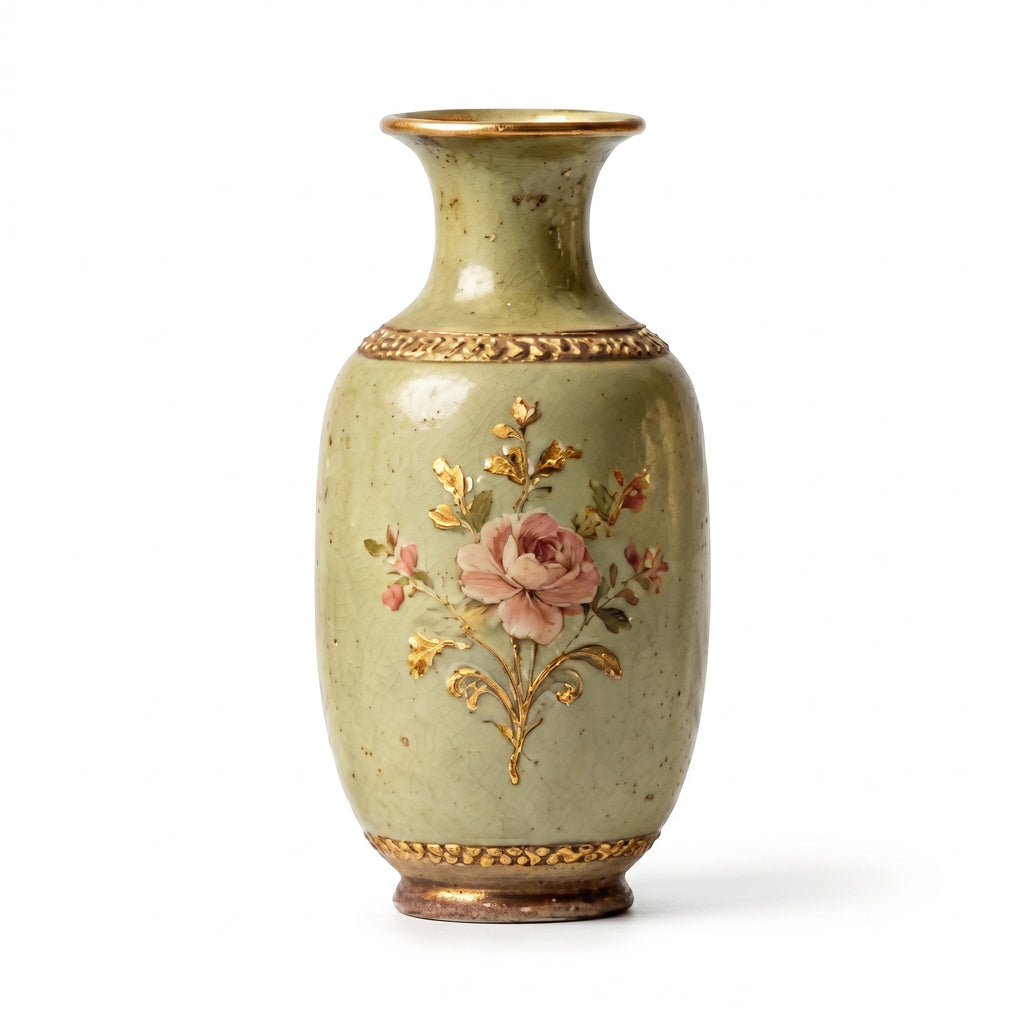 Elegant Vintage Celadon Crackle Glaze Gilded Rose Ceramic Vase