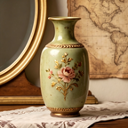 Elegant Vintage Celadon Crackle Glaze Gilded Rose Ceramic Vase