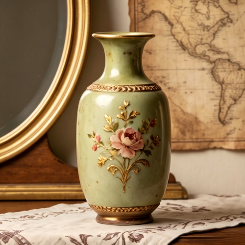 Elegant Vintage Celadon Crackle Glaze Gilded Rose Ceramic Vase