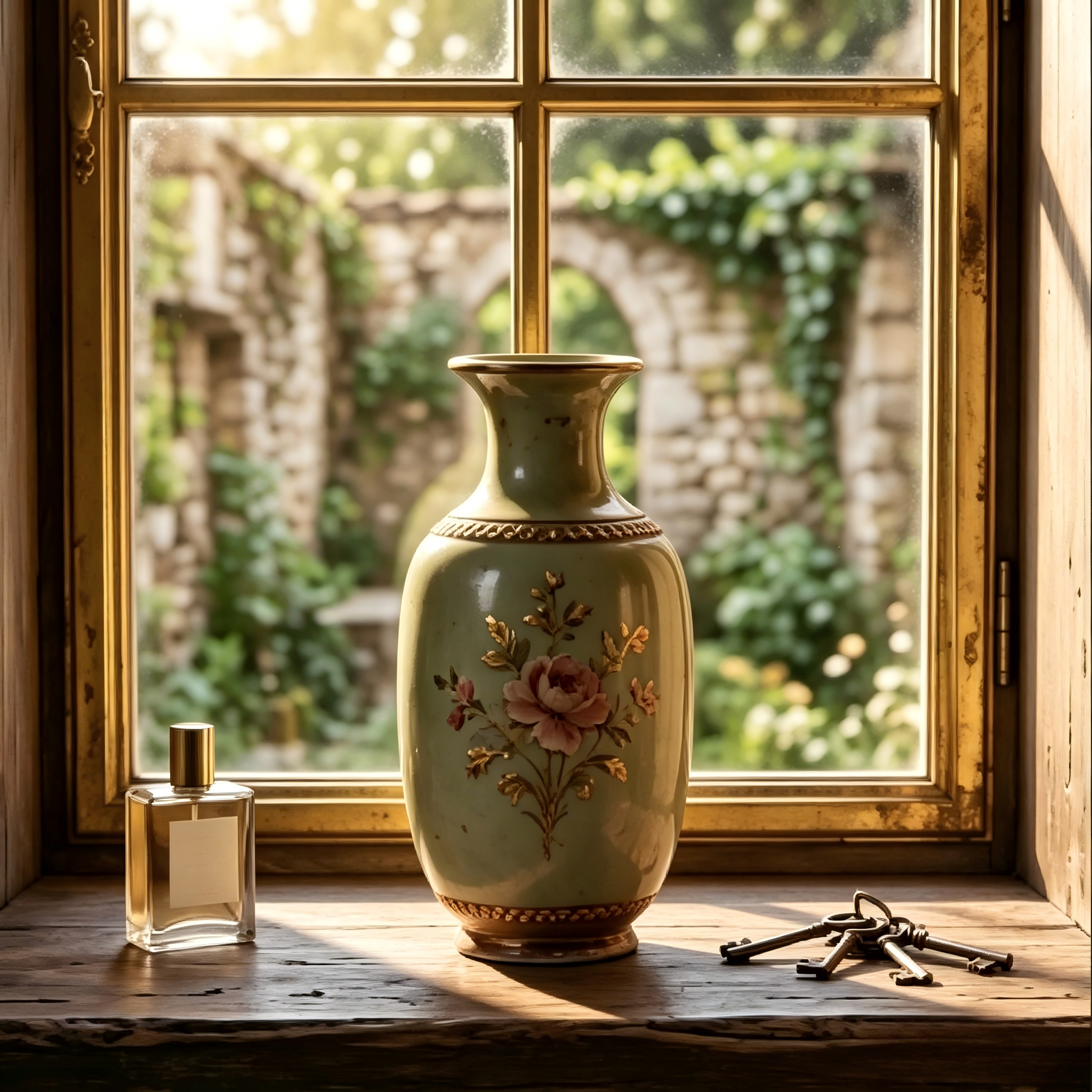 Elegant Vintage Celadon Crackle Glaze Gilded Rose Ceramic Vase