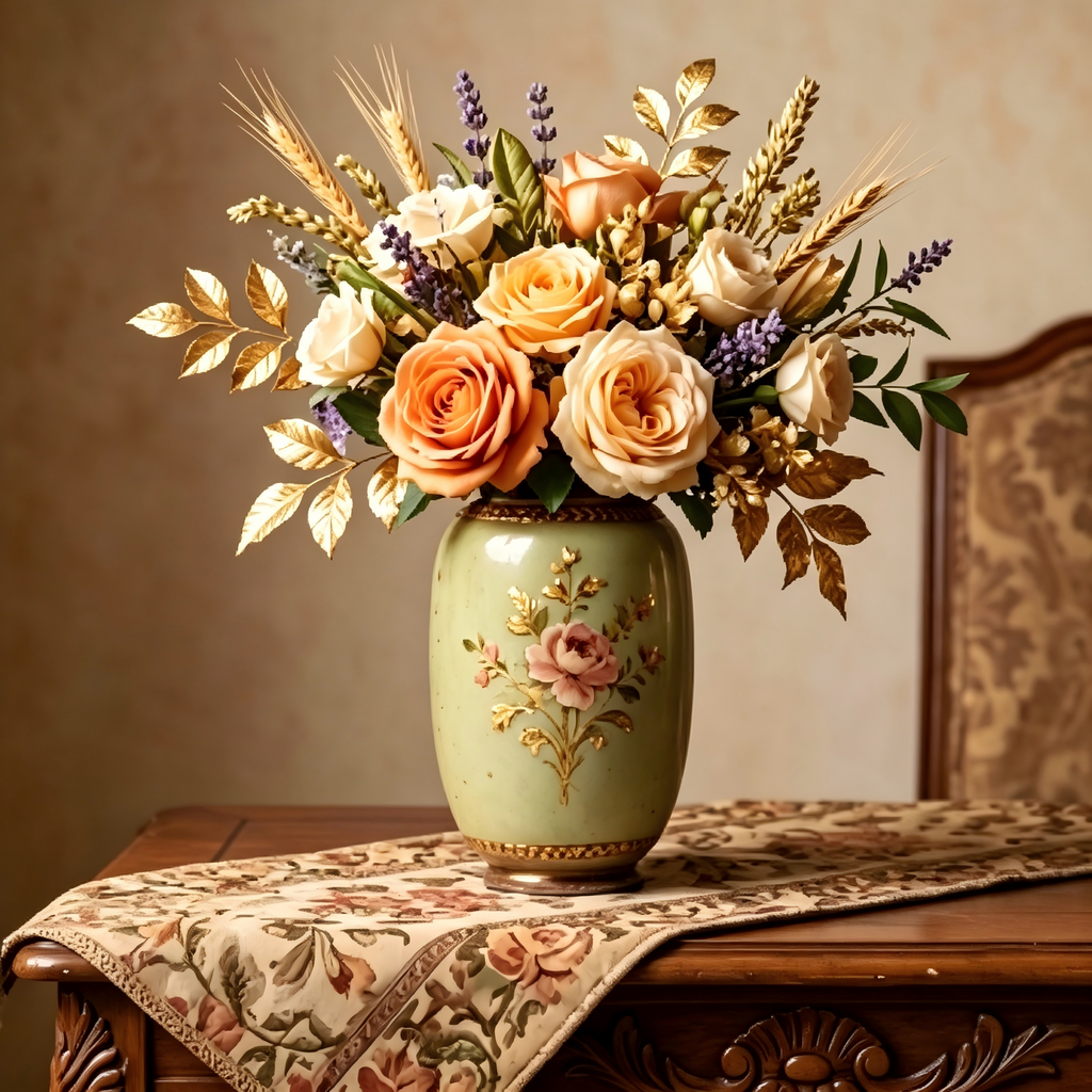 Elegant Vintage Celadon Crackle Glaze Gilded Rose Ceramic Vase