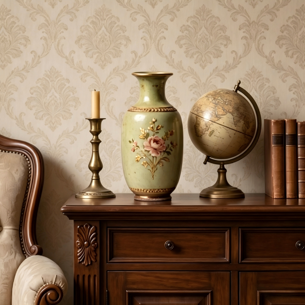 Elegant Vintage Celadon Crackle Glaze Gilded Rose Ceramic Vase