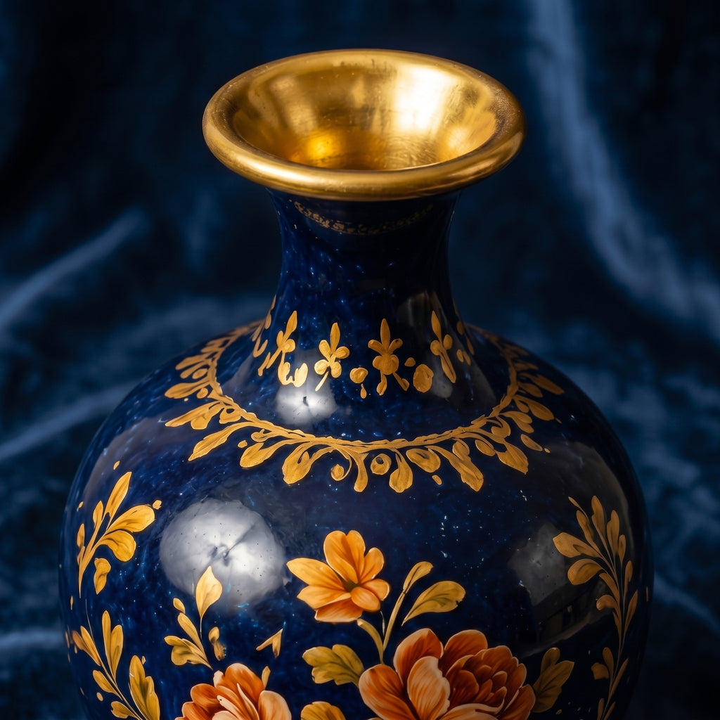 Opulent Cobalt Blue and Gold Floral Ceramic Vase