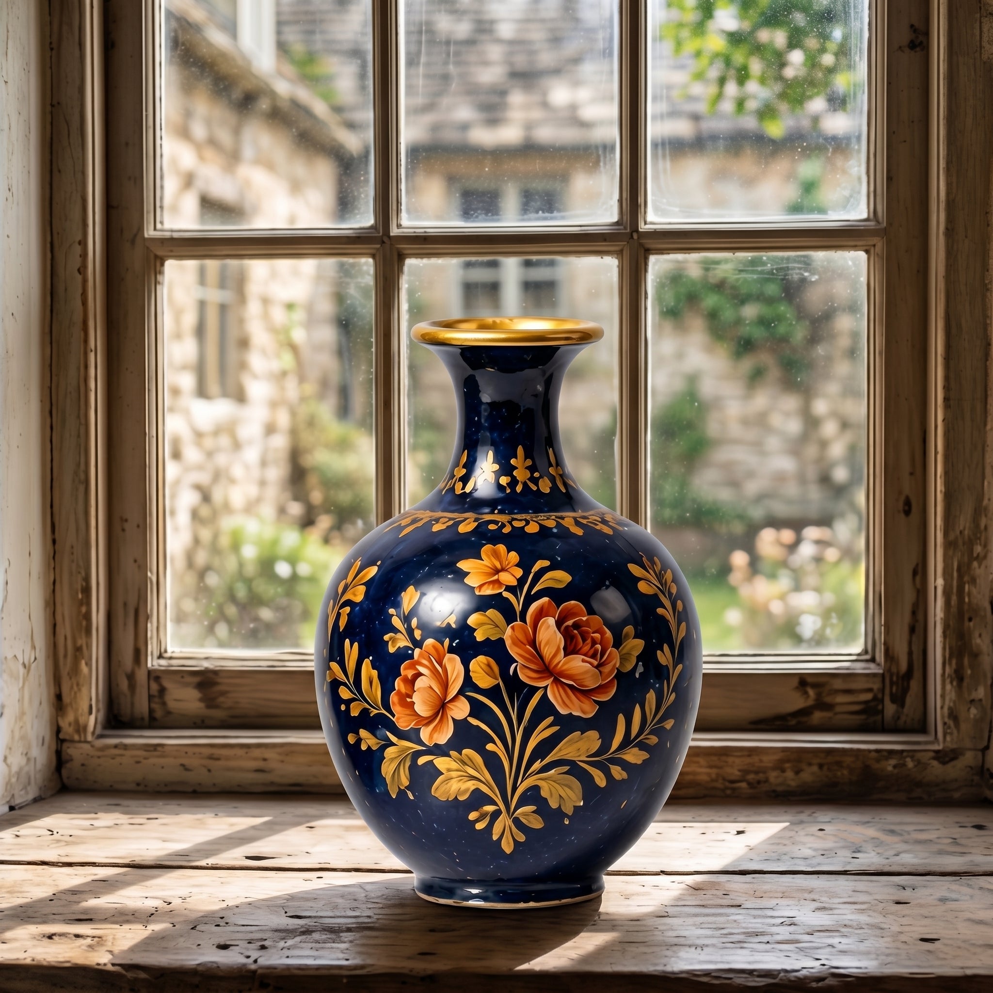 Opulent Cobalt Blue and Gold Floral Ceramic Vase