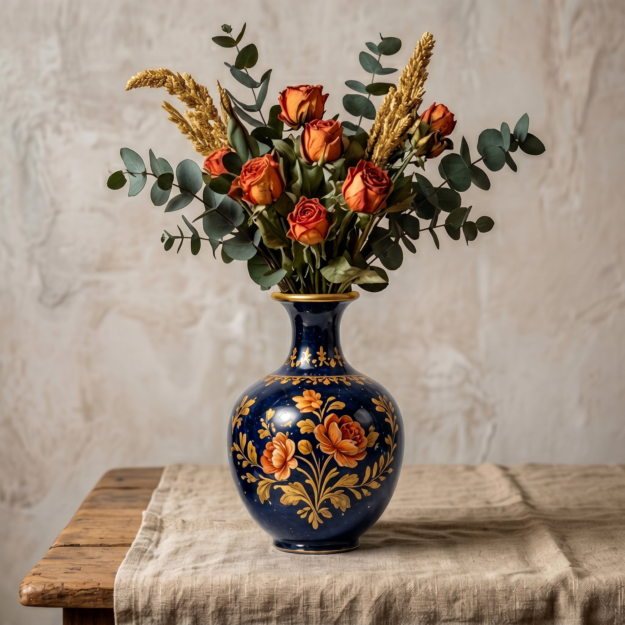 Opulent Cobalt Blue and Gold Floral Ceramic Vase