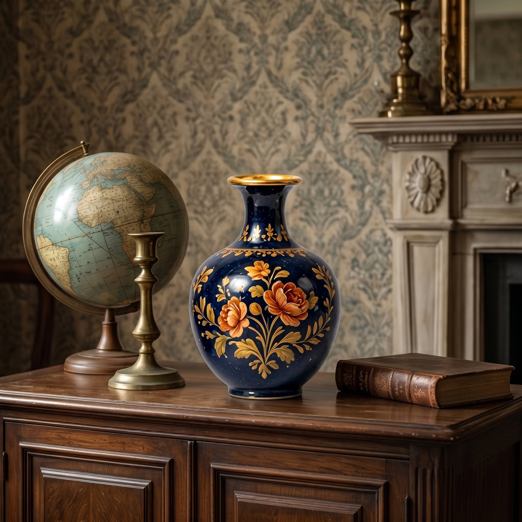 Opulent Cobalt Blue and Gold Floral Ceramic Vase