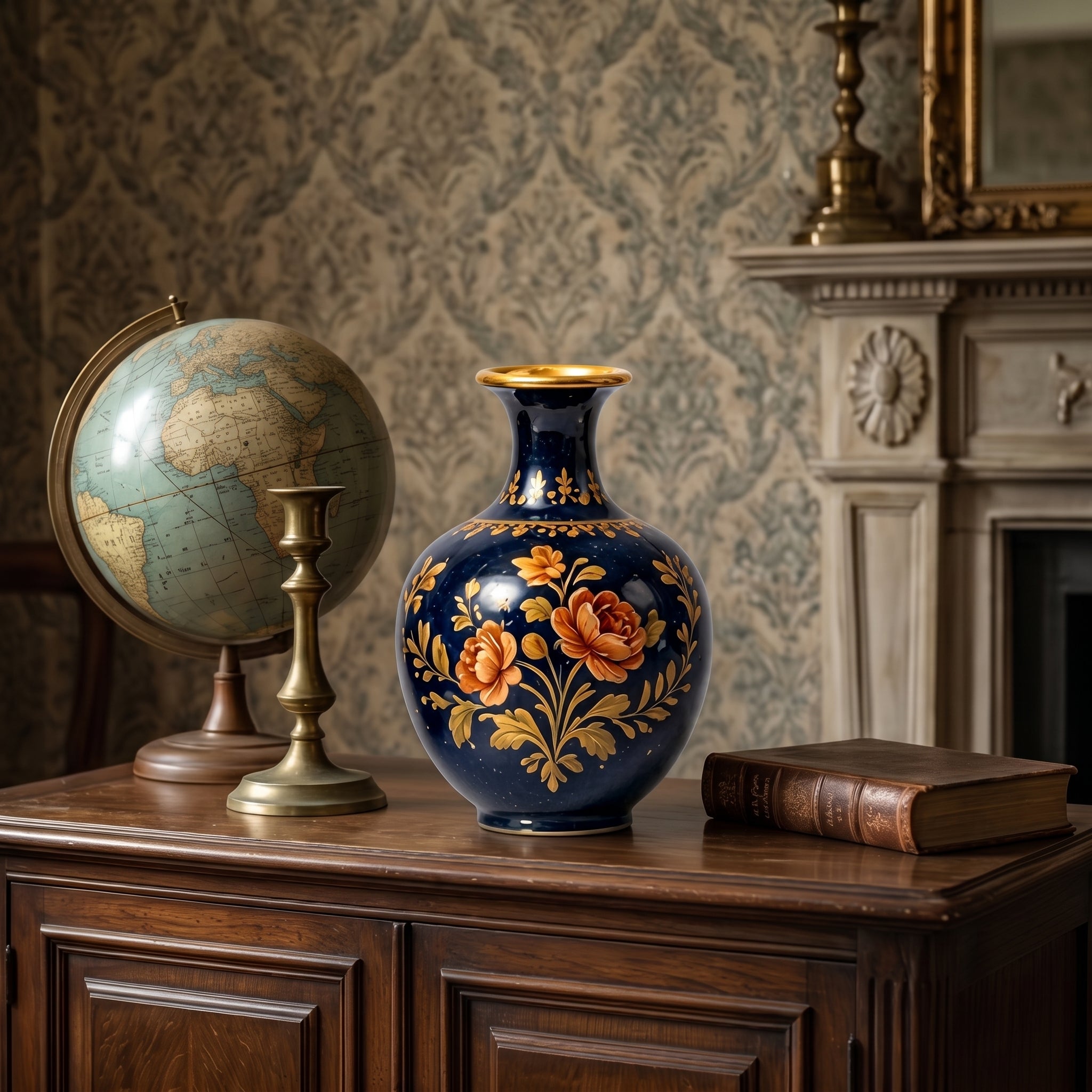 Opulent Cobalt Blue and Gold Floral Ceramic Vase