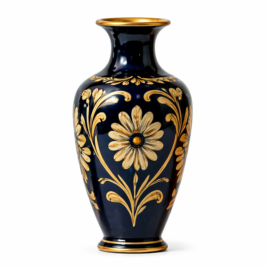 Opulent Cobalt Blue and Gilded Floral Ceramic Vase