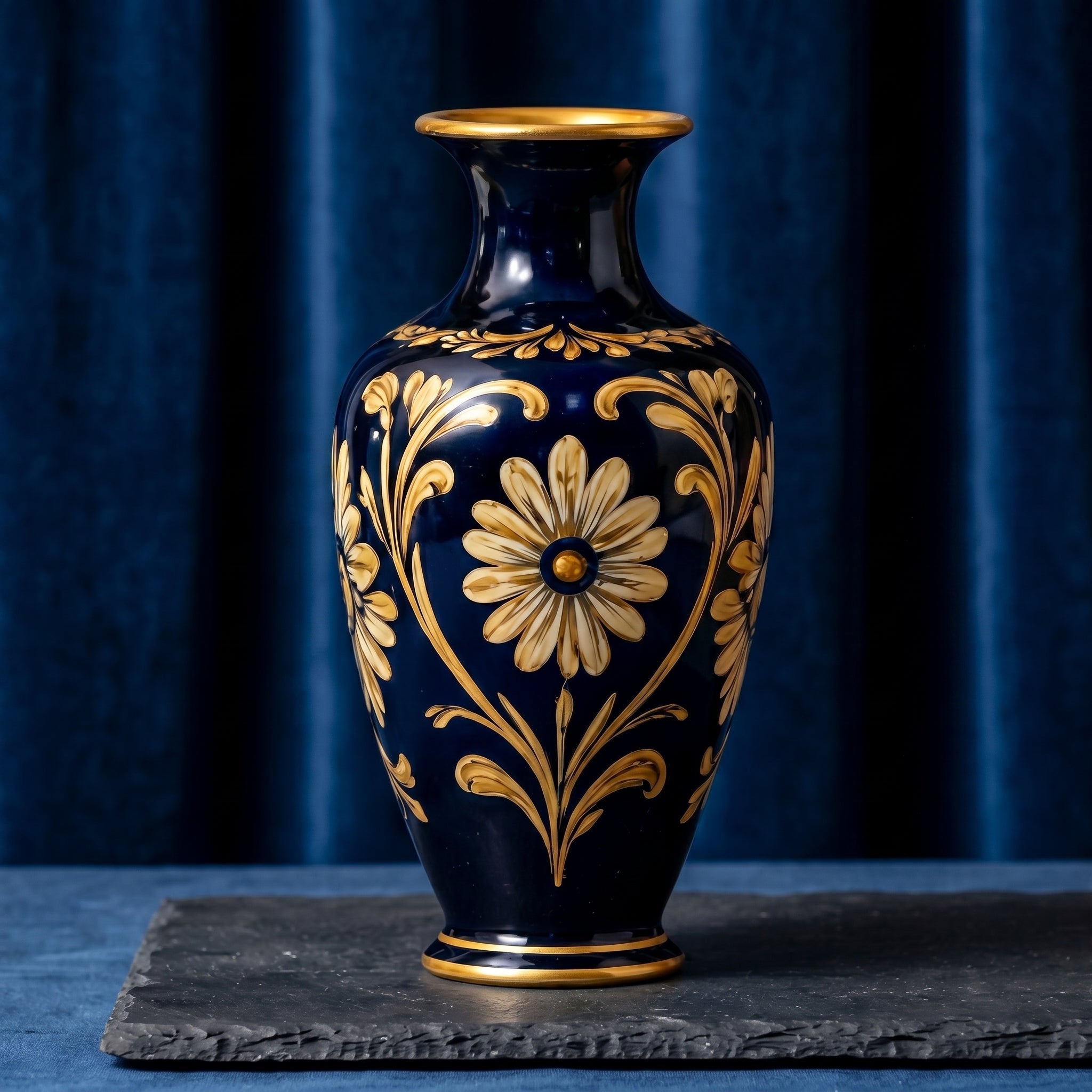 Opulent Cobalt Blue and Gilded Floral Ceramic Vase