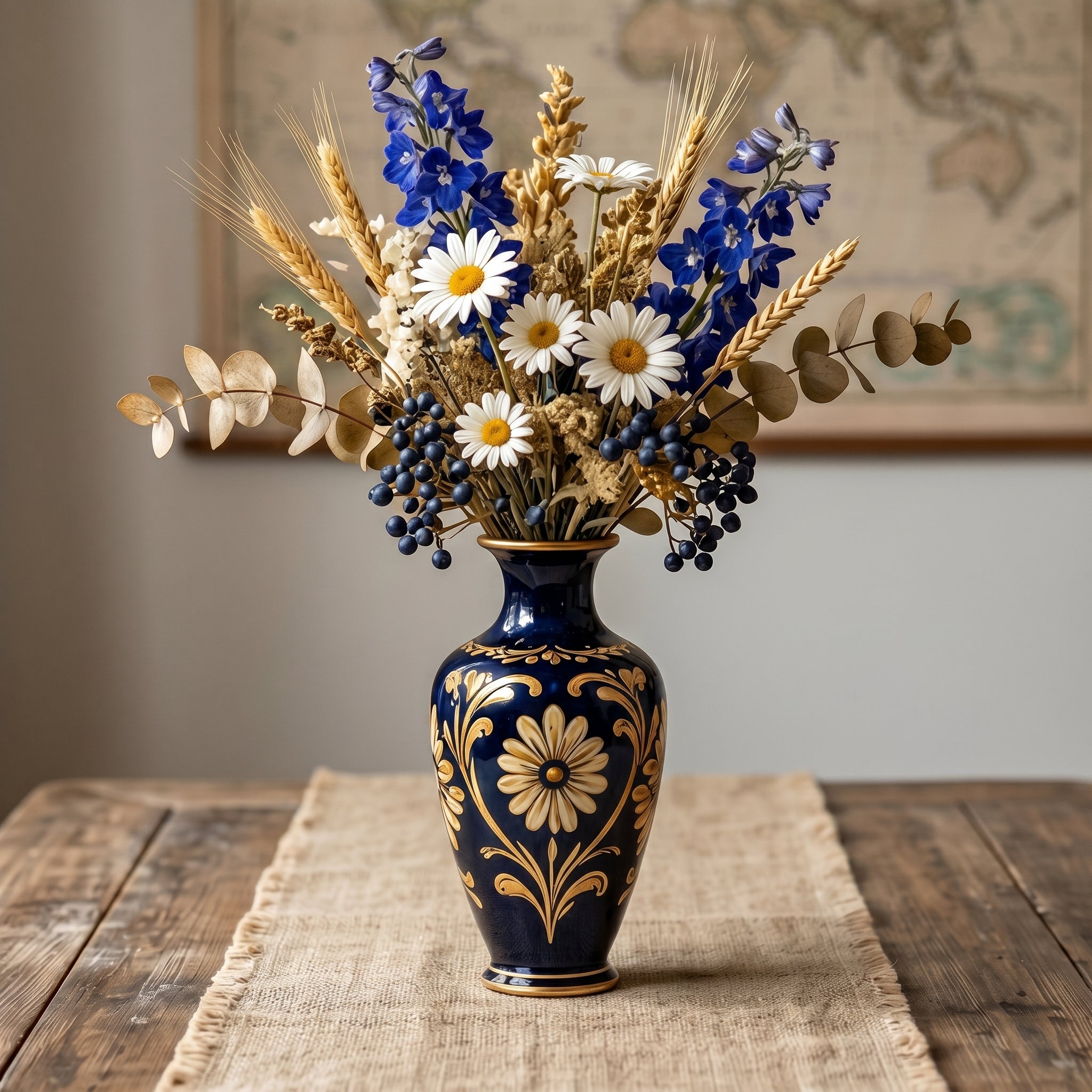 Opulent Cobalt Blue and Gilded Floral Ceramic Vase