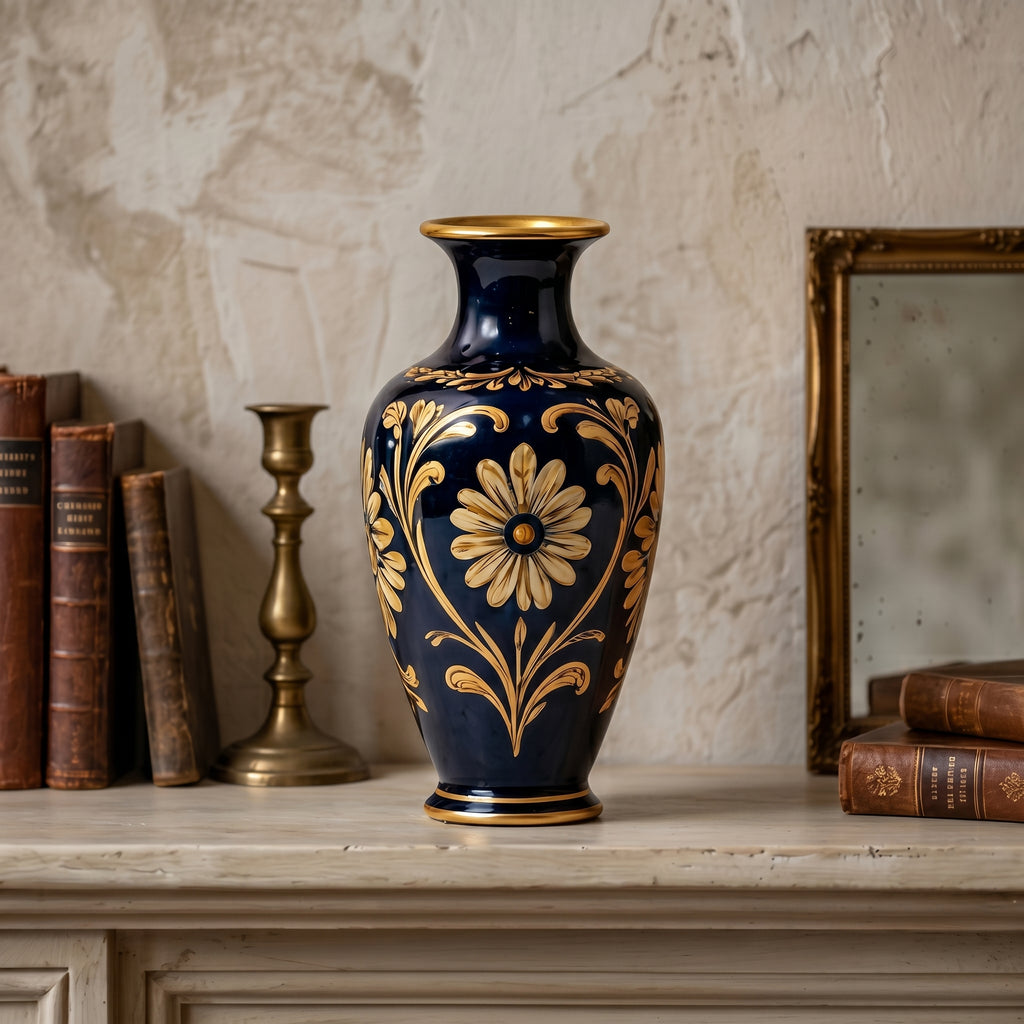 Opulent Cobalt Blue and Gilded Floral Ceramic Vase