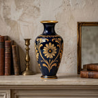 Opulent Cobalt Blue and Gilded Floral Ceramic Vase