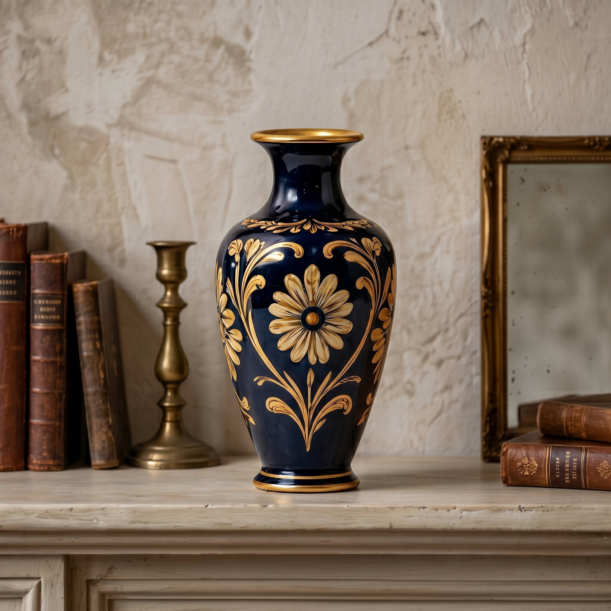 Opulent Cobalt Blue and Gilded Floral Ceramic Vase