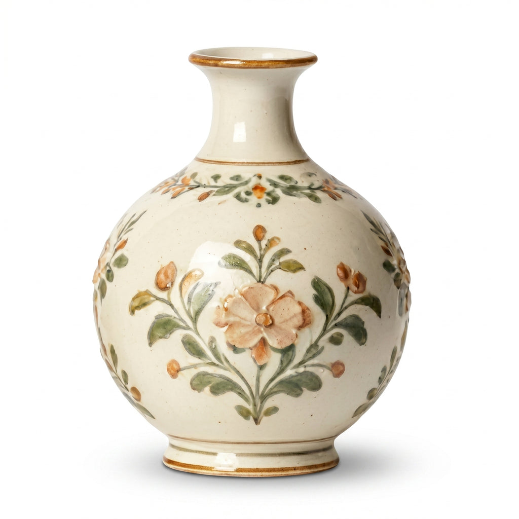 Vintage Hand-Painted Botanical Cream Ceramic Vase