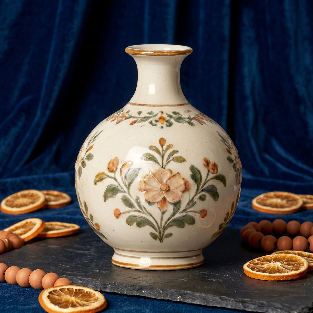 Vintage Hand-Painted Botanical Cream Ceramic Vase