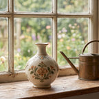 Vintage Hand-Painted Botanical Cream Ceramic Vase