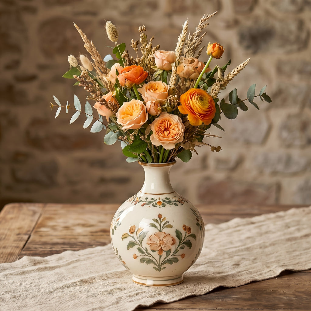 Vintage Hand-Painted Botanical Cream Ceramic Vase