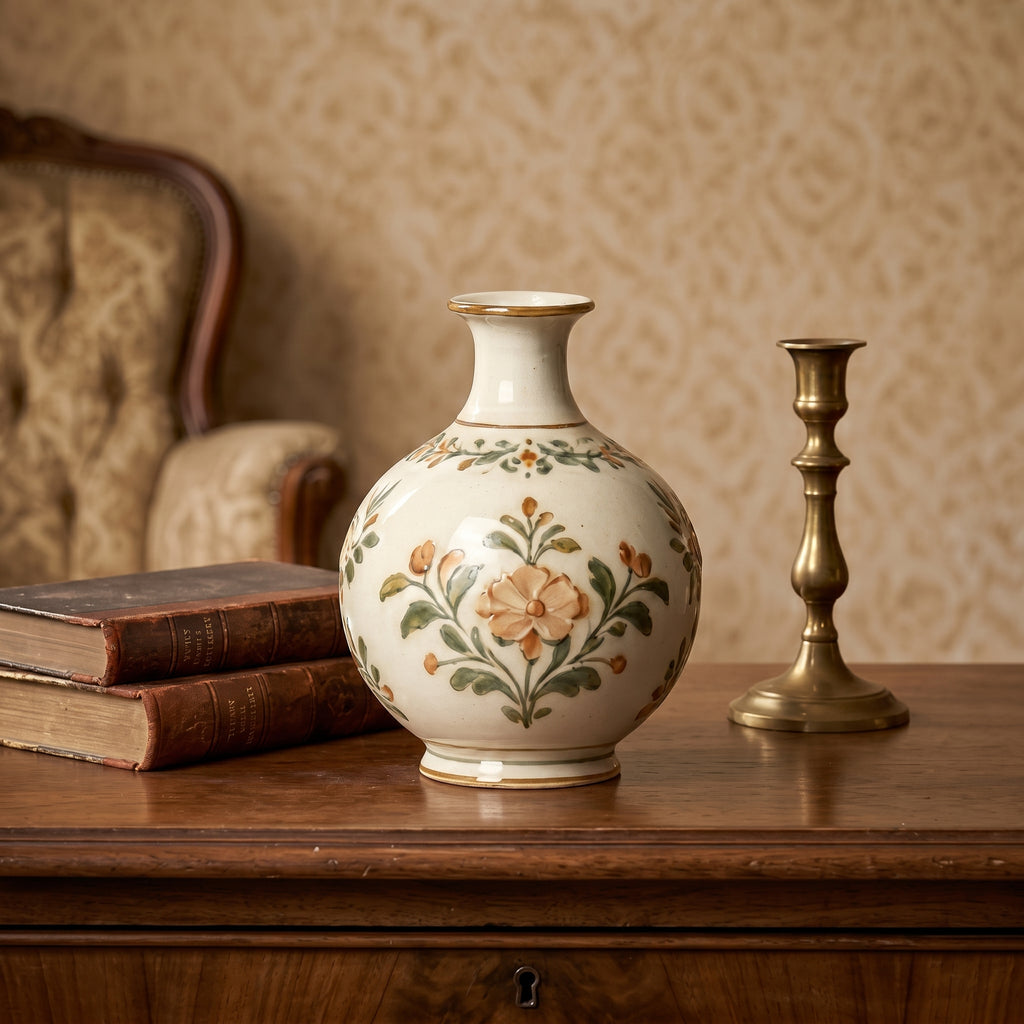 Vintage Hand-Painted Botanical Cream Ceramic Vase