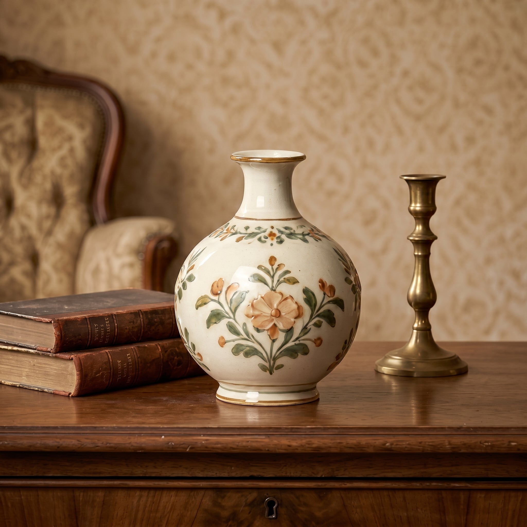 Vintage Hand-Painted Botanical Cream Ceramic Vase