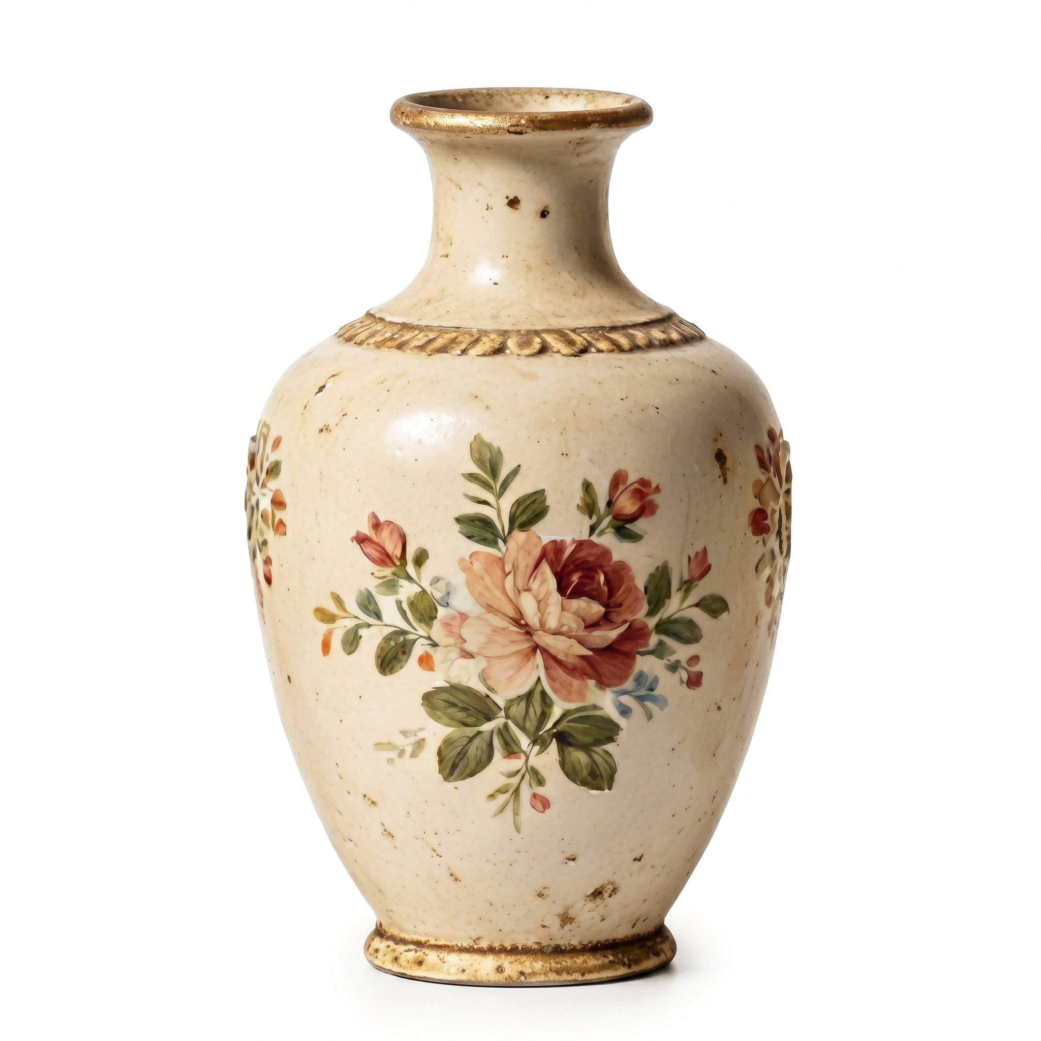 Romantic Antique-Style Distressed Floral Rose Ceramic Vase
