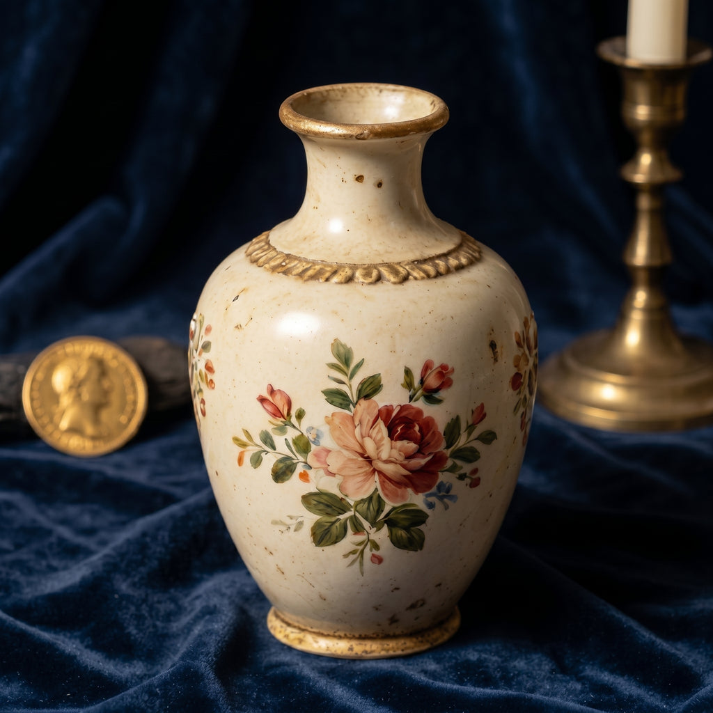 Romantic Antique-Style Distressed Floral Rose Ceramic Vase
