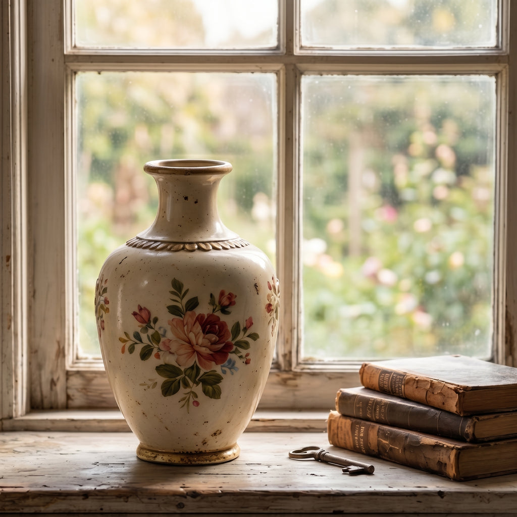 Romantic Antique-Style Distressed Floral Rose Ceramic Vase