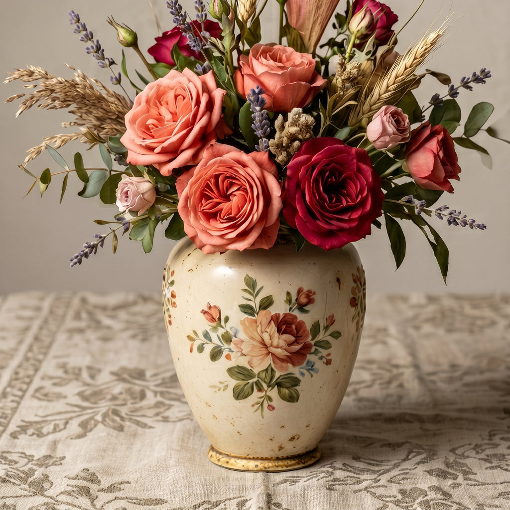 Romantic Antique-Style Distressed Floral Rose Ceramic Vase
