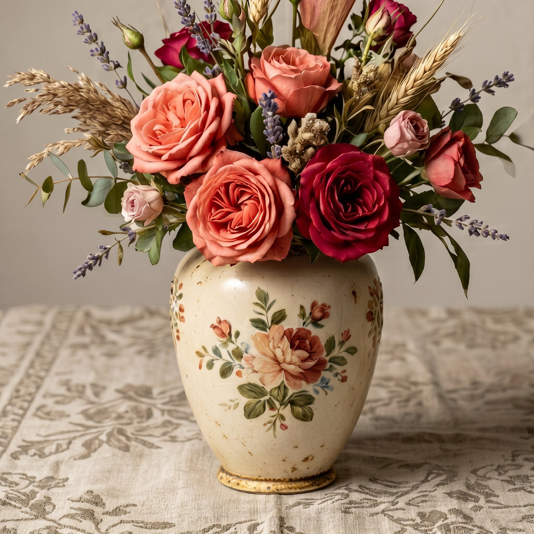 Romantic Antique-Style Distressed Floral Rose Ceramic Vase