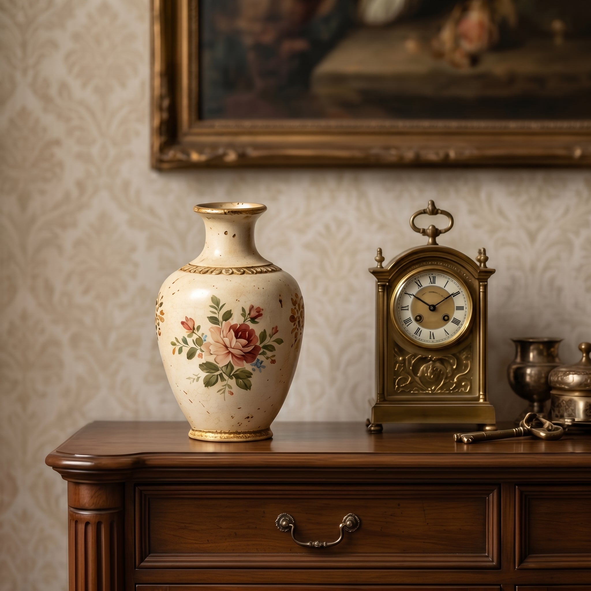 Romantic Antique-Style Distressed Floral Rose Ceramic Vase