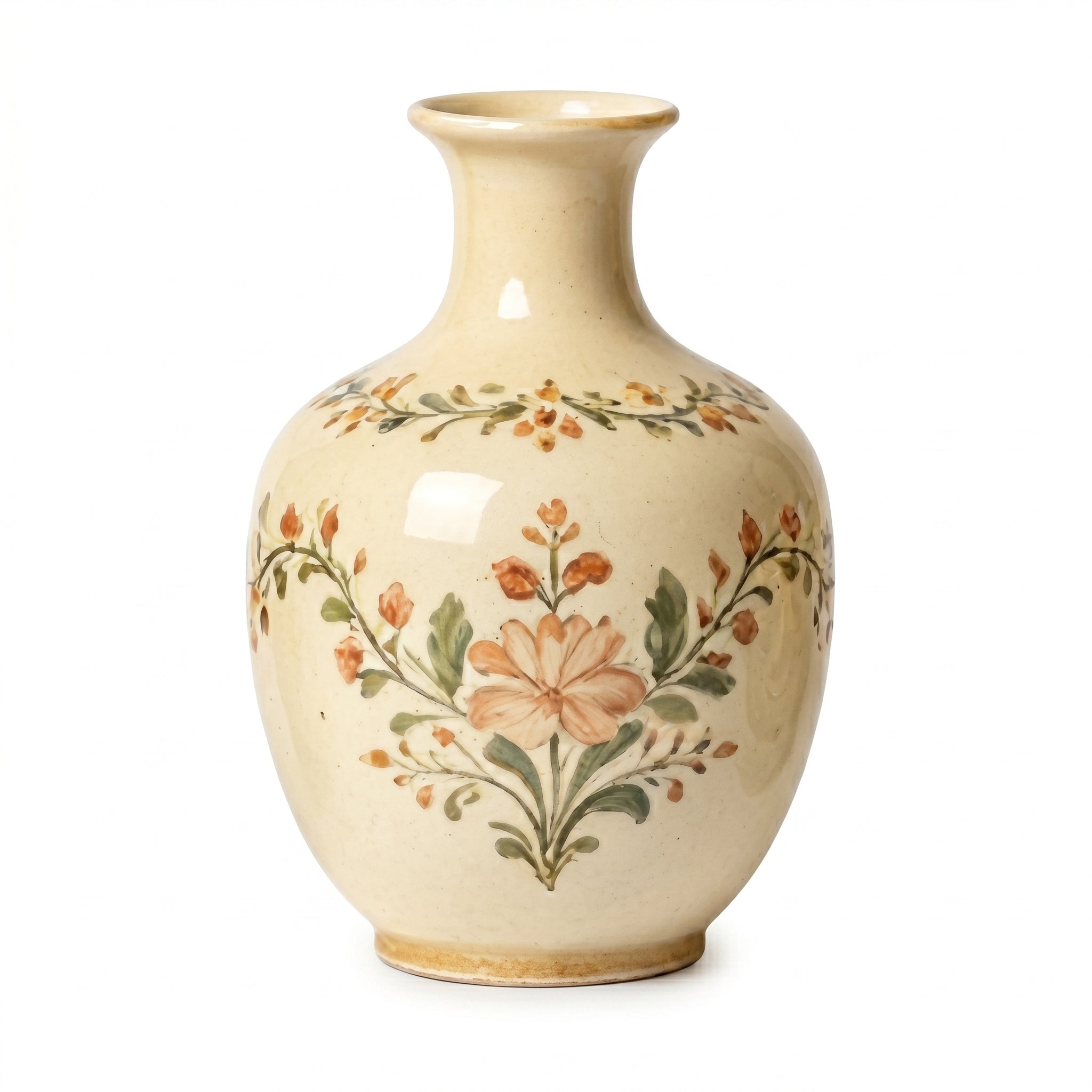 Elegant Vintage Hand-Painted Floral Cream Ceramic Vase