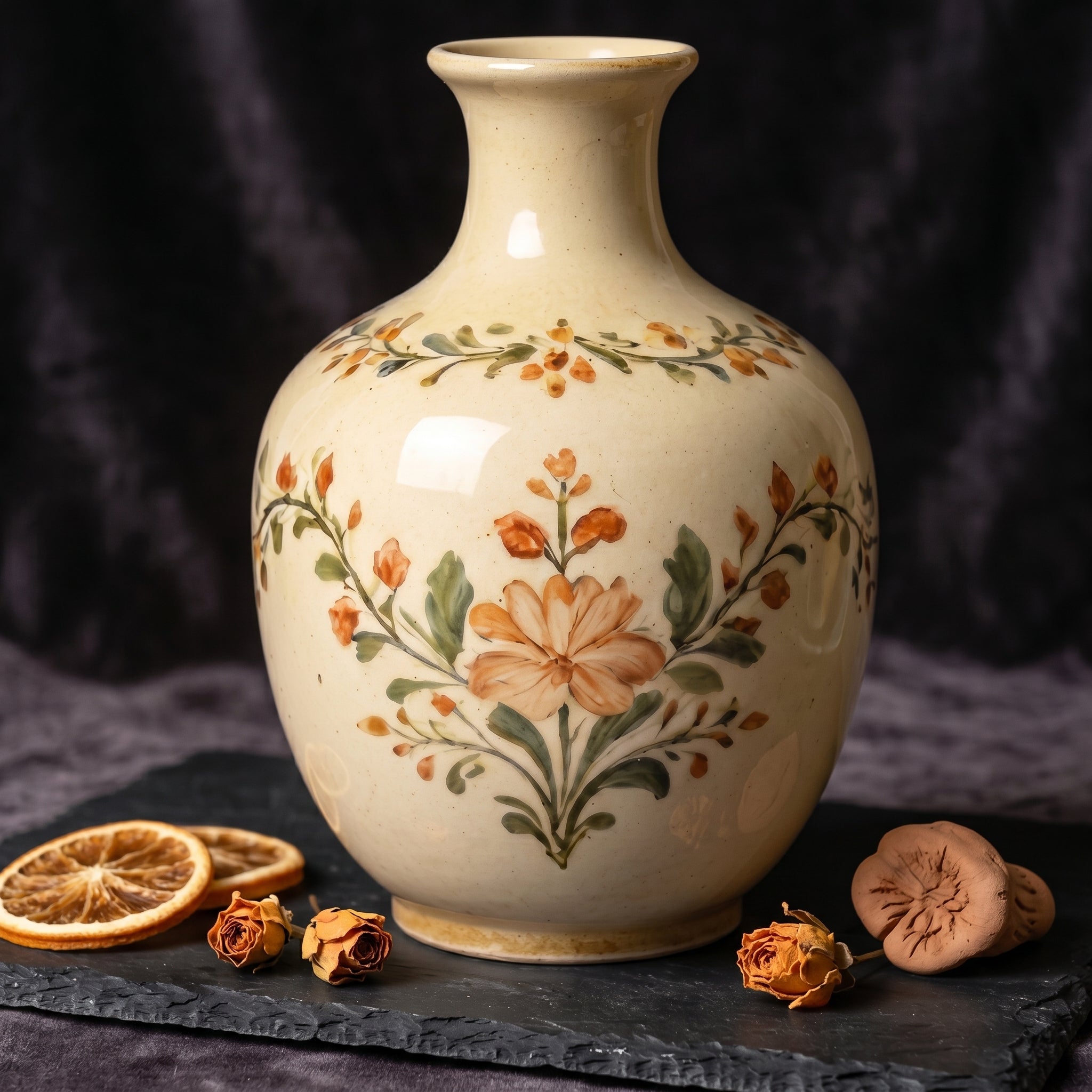 Elegant Vintage Hand-Painted Floral Cream Ceramic Vase