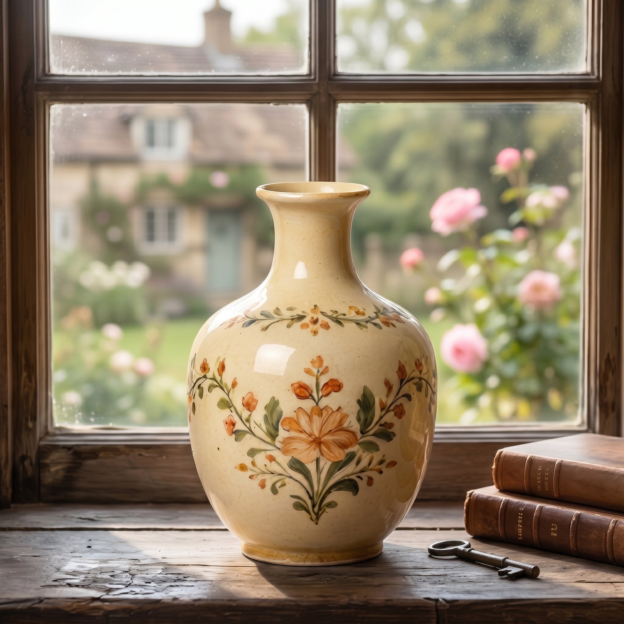 Elegant Vintage Hand-Painted Floral Cream Ceramic Vase